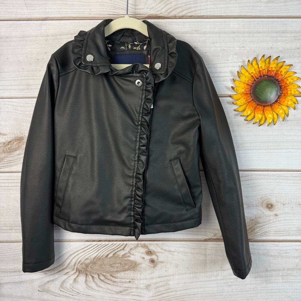 Limited Too Girls Black Faux Leather Ruffle Moto Jacket Size 7/8